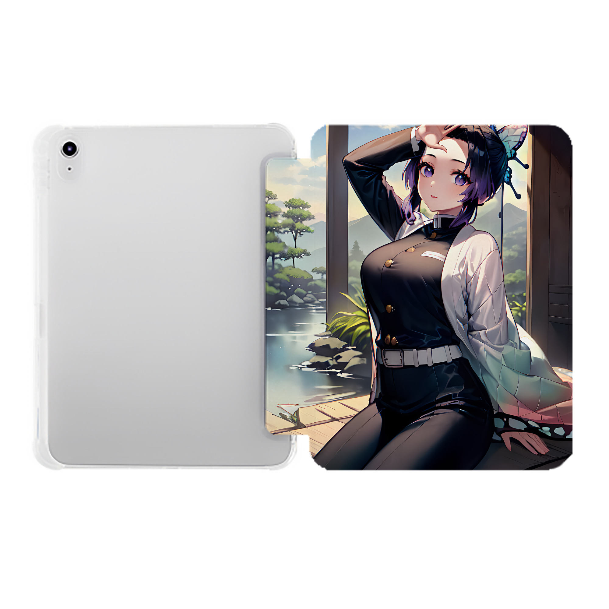 （画像用） 鬼滅の刃（きめつのやいば）蟲柱-胡蝶 しのぶ／こちょう しのぶ Kochou Shinobu IPad ケース ペン収納付き 三つ折りスタンド PUレザー×シリコン 対応機種9.5/10.5/10.9インチ
